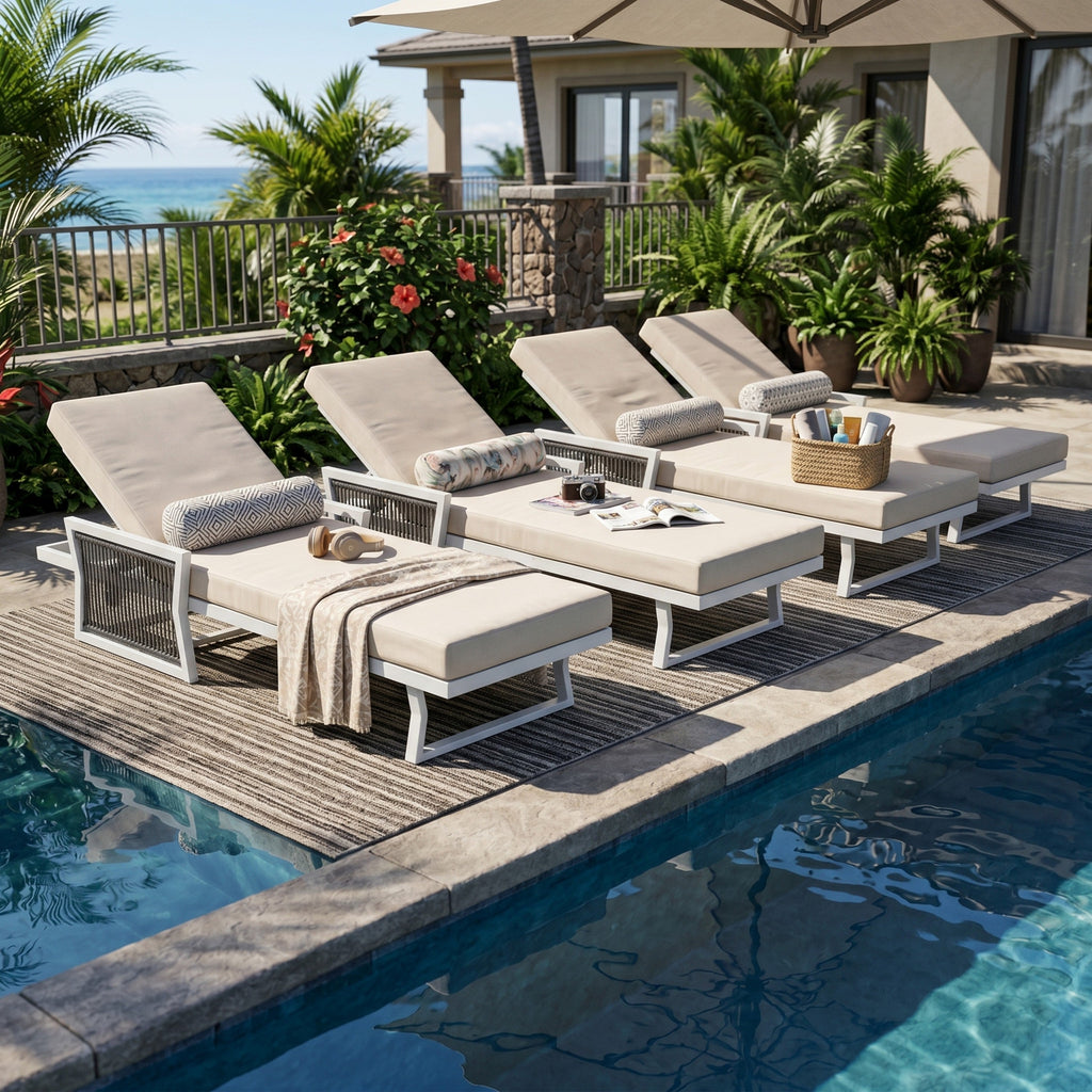 Modern White Iron Outdoor Chaise Lounger Set with Adjustable Backrest - White