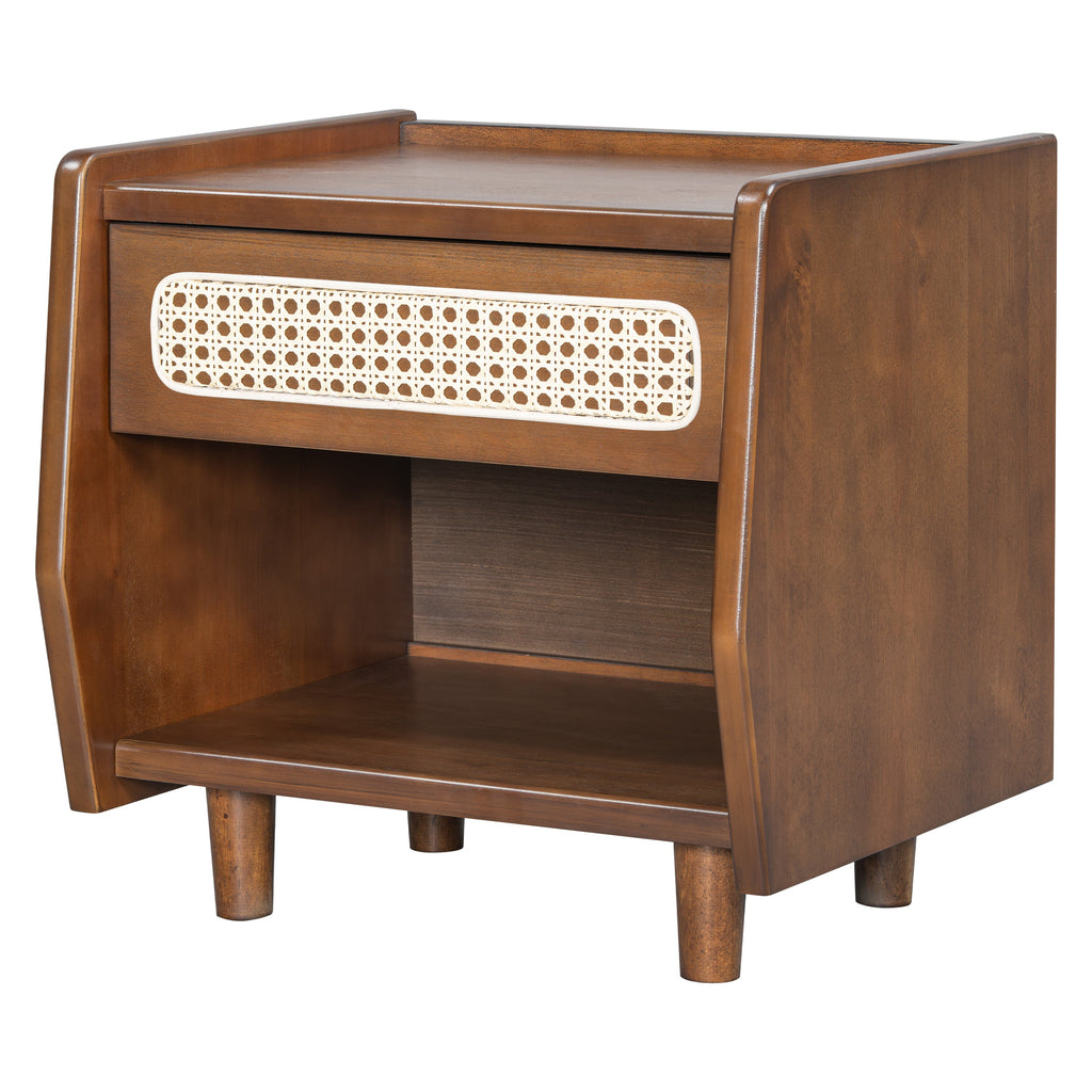 Walnut Nightstand with Rattan Detail for Modern Bedrooms - Walnut
