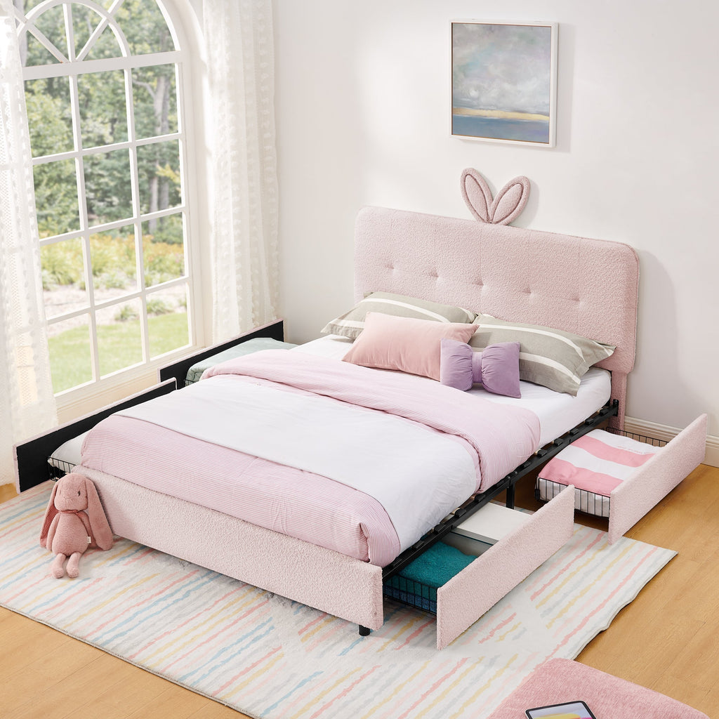 Queen Size Kids Upholstered Bed with Rabbit Ear Headboard & Storage - Boucle