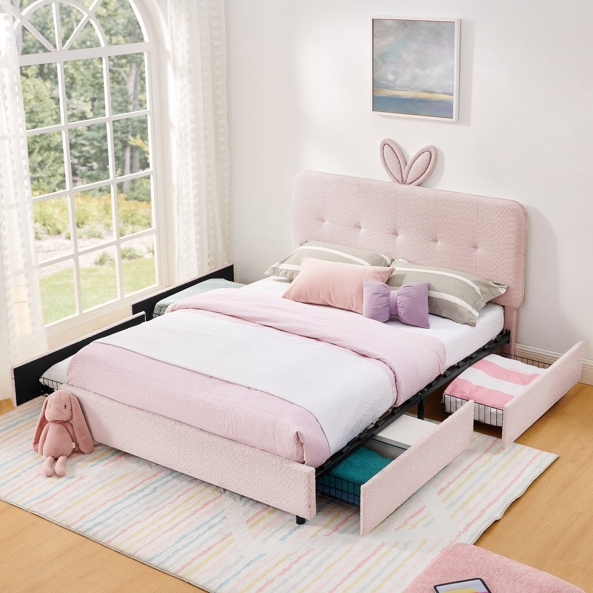 Queen Size Kids Upholstered Bed with Rabbit Ear Headboard & Storage - Boucle