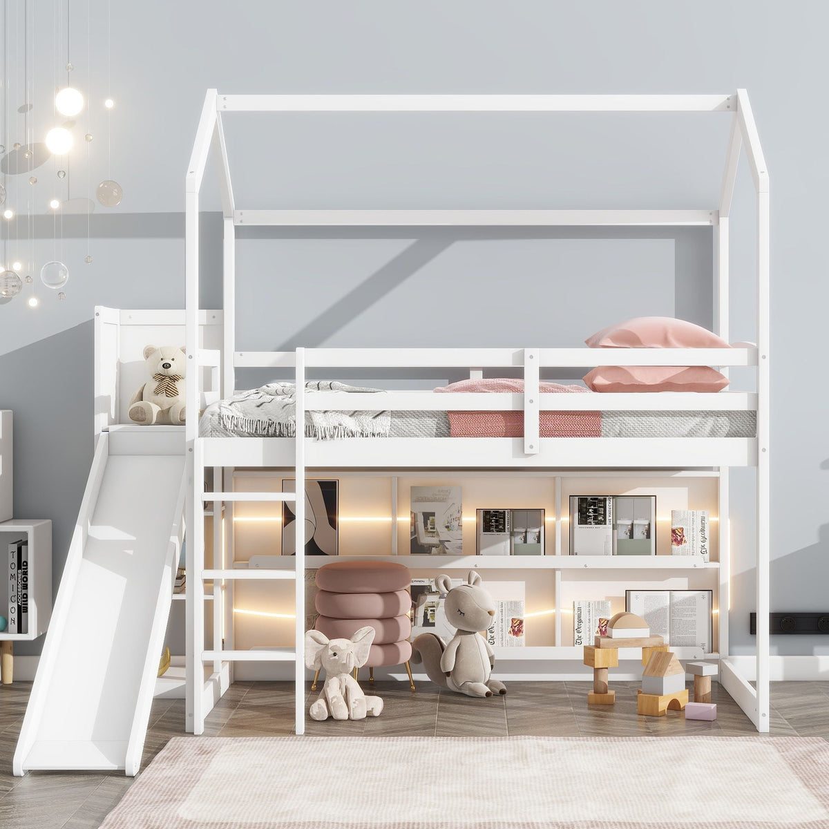 House Loft Bed with Slide and Storage Shelves - Twin with Light