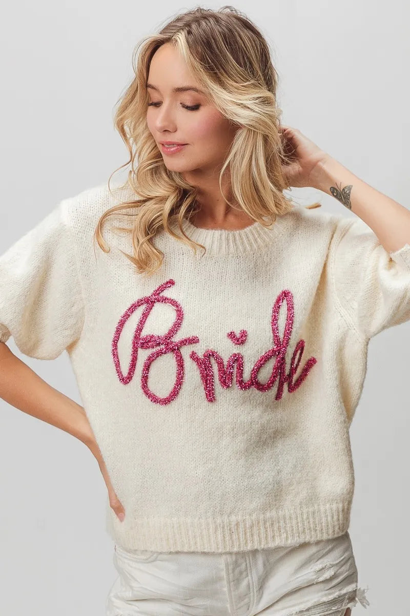 BiBi Metallic Letter Short Puff Sleeve Hairy Sweater