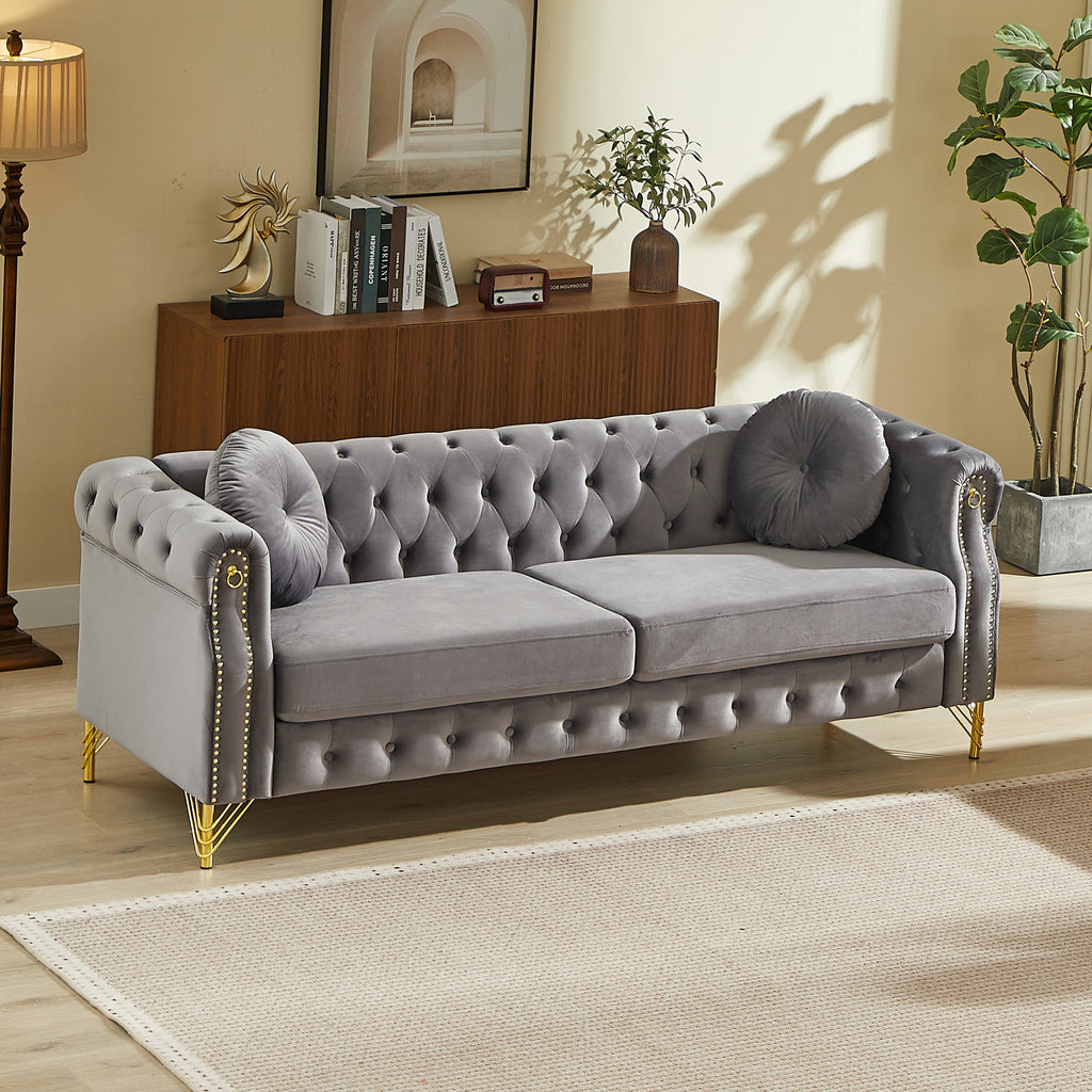 82-Inch Velvet Chesterfield Sofa with Gold Accents - Velvet
