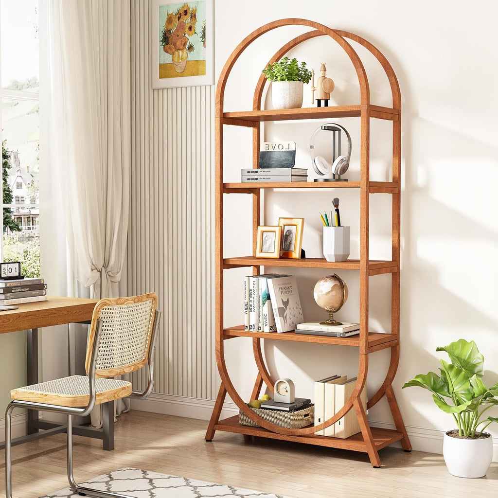 Arched 5 Tier Open Bookshelf with Modern Arch - Brown