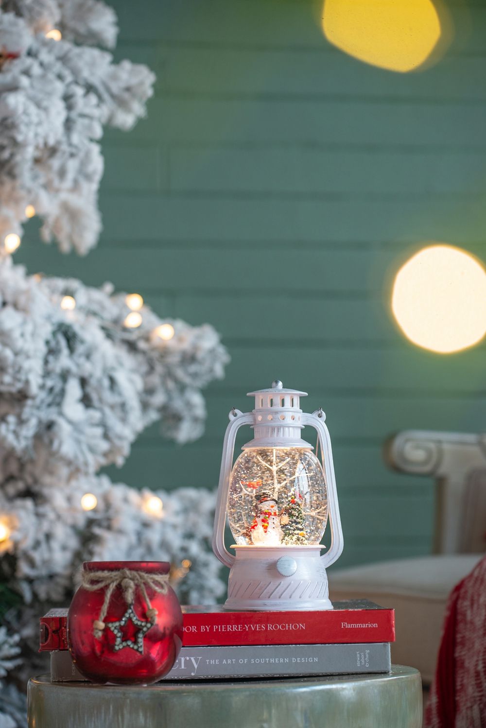 Christmas Lantern with Snowman & Tree LED and Water Spinning - White / Multi
