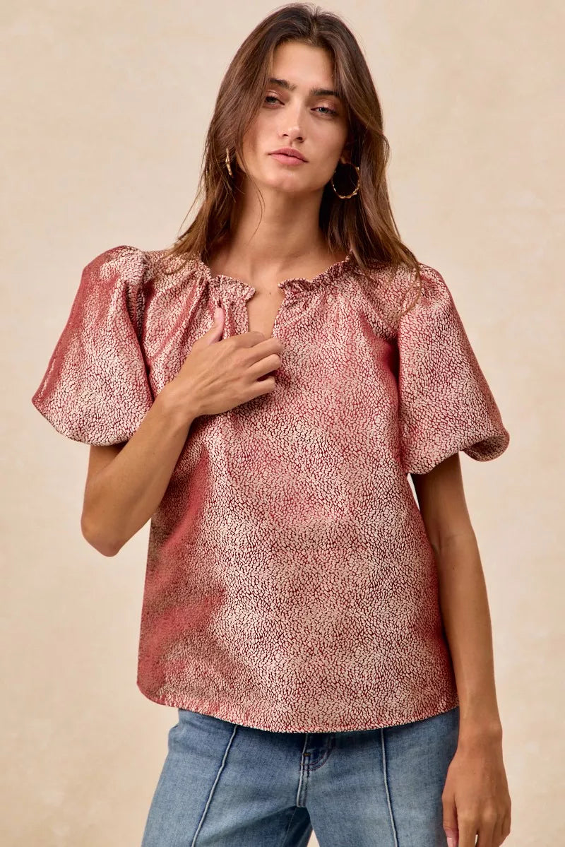 BiBi Jacquard Woven Short Balloon Sleeves V Neck Top