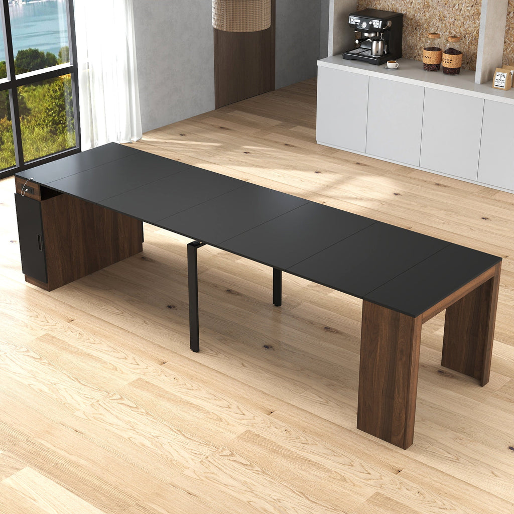 Modern Multifunctional Extendable Dining Table with Outlet - Walnut+Black or White