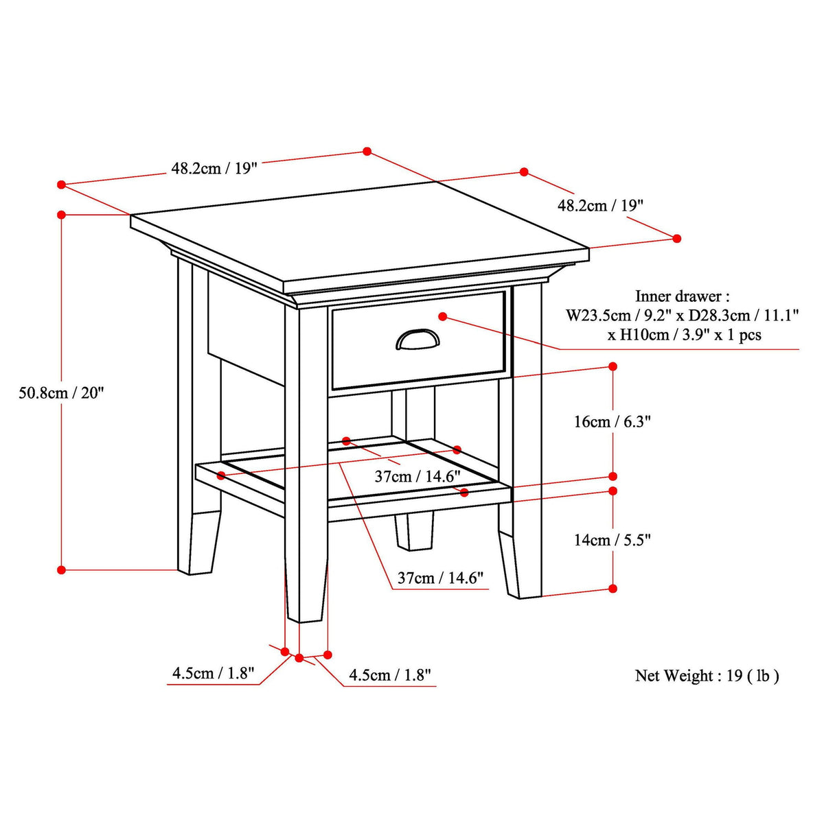 Solid Wood End Table with Storage Drawer - Light Brown