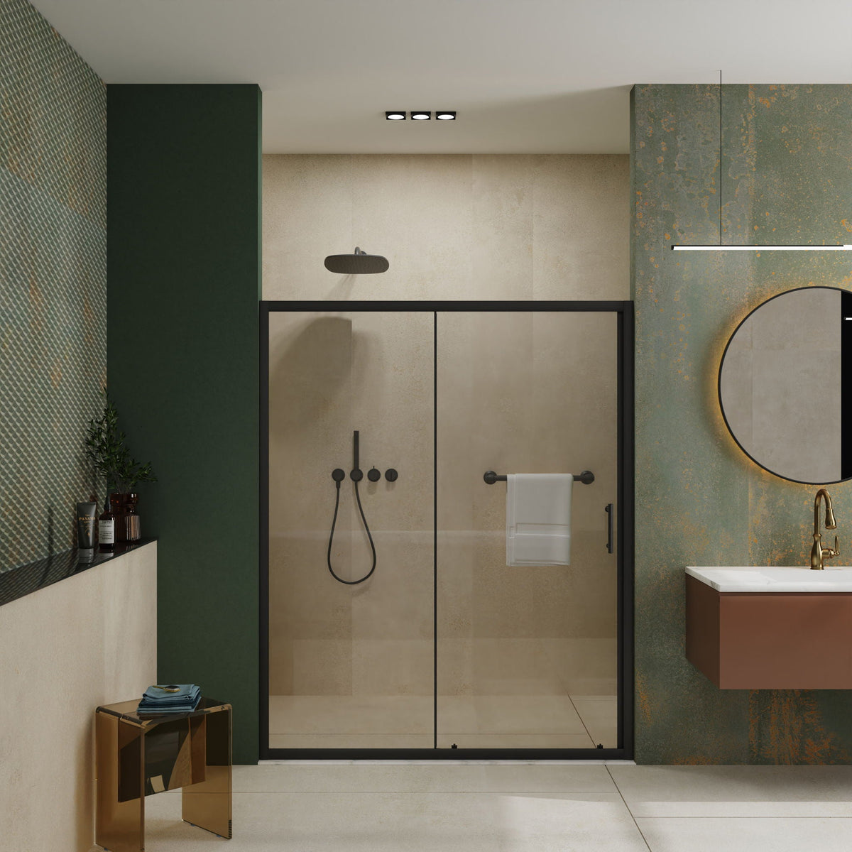 Single Sliding Shower Door with Stainless Steel Handle - Black