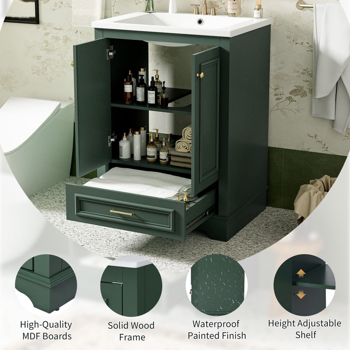 Modern Bathroom Vanity with Ceramic Sink Combo and Storage Cabinet - Multiple Colors