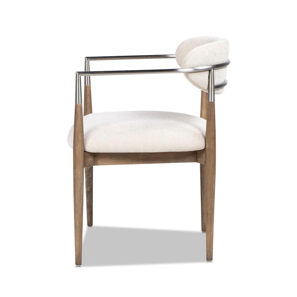 Artemis Mixed Material Upholstered Dining Arm Chair with Brushed Nickel Arms - Warm White