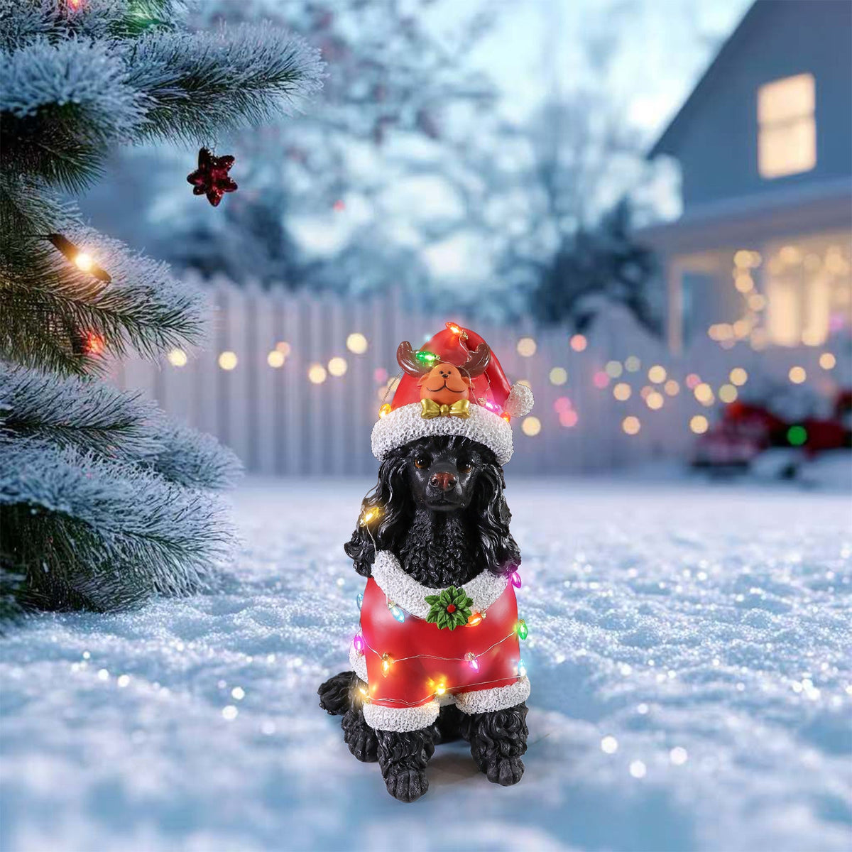 Festive Black Poodle Christmas Statue with Santa Outfit - Black+Red