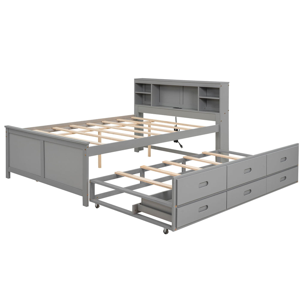Platform Bed with Storage Headboard, USB, Trundle & 3 Drawers - Twin or Full