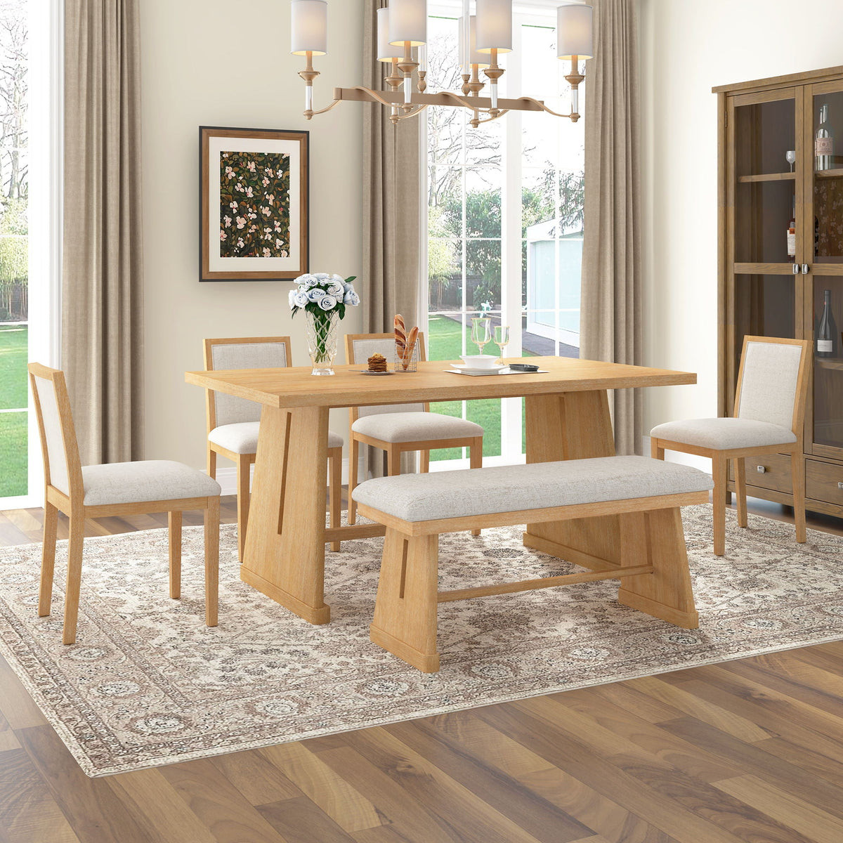 6 Piece Dining Room Set with Upholstered Chairs & Padded Bench - Light or Dark Brown