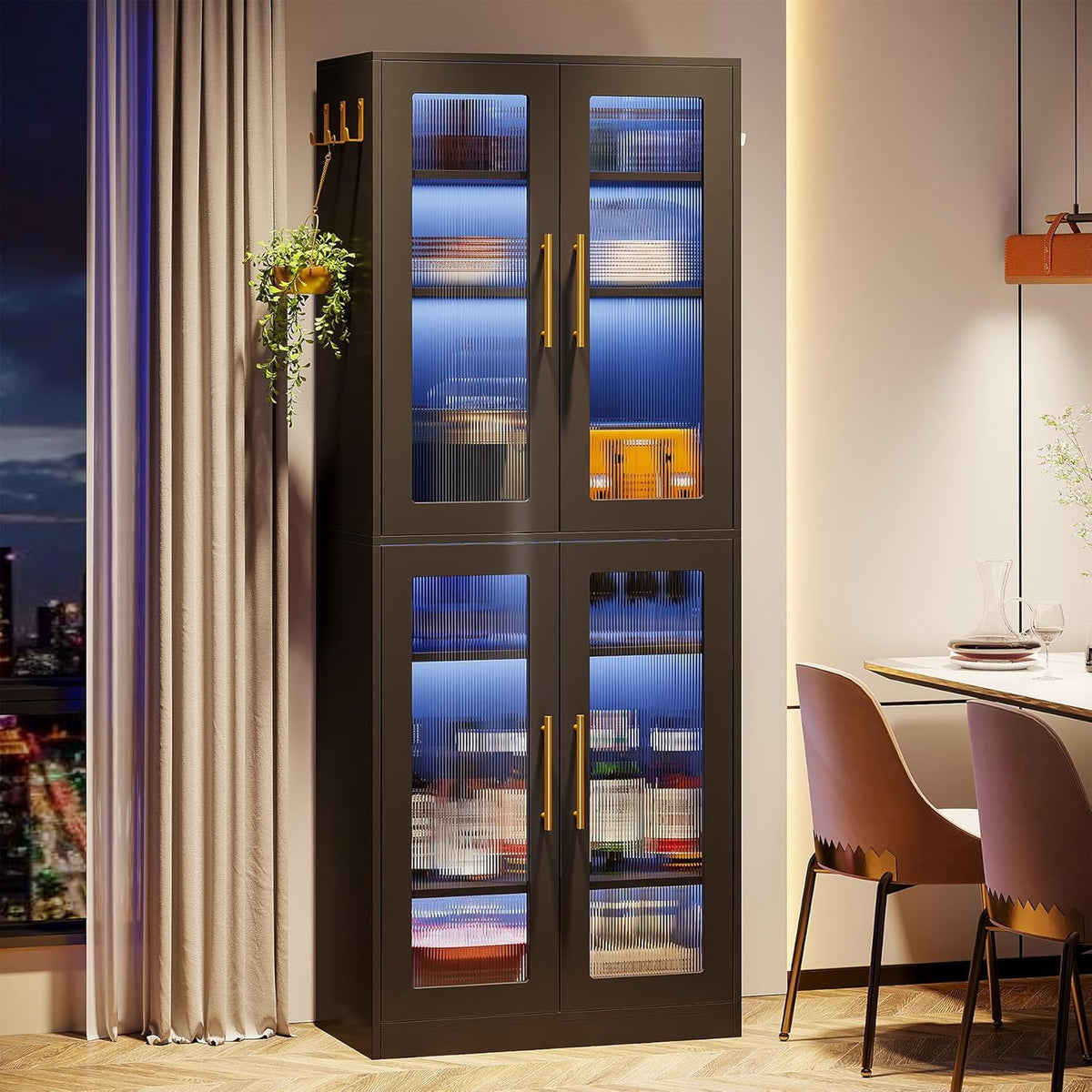Bookcase With Doors and LED Lighting with Adjustable Shelves - Black, Gray, White