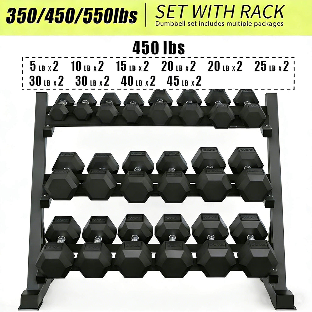 450-Pounds Rubber Hex Dumbbell Set With Rack (SAK90714)