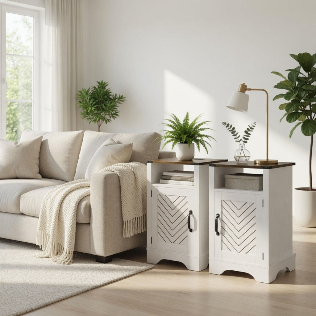 Farmhouse Nightstand with Charging Station & Storage - White