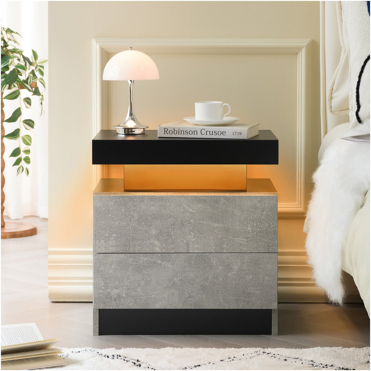 Modern LED Nightstand with Adjustable Lighting and 2 Drawers - Neutral Finish