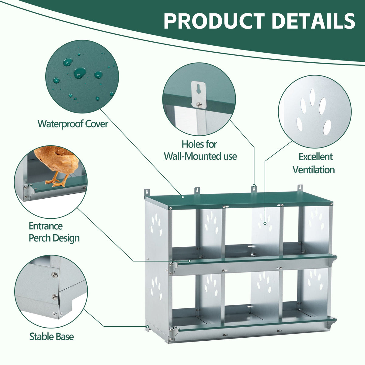 6 Room Metal Chicken Nesting Box with Galvanized Steel Construction - Green