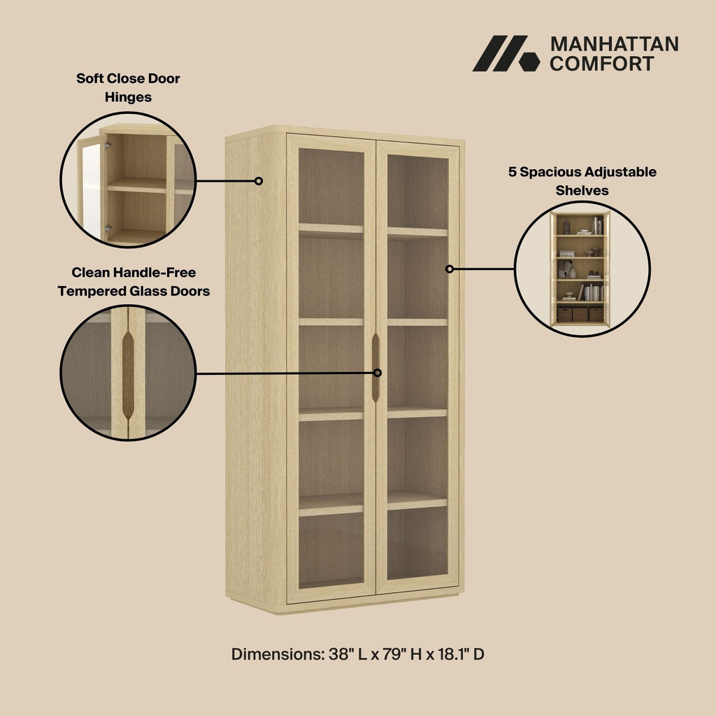 Bookcase Cabinet with Glass Doors and Adjustable Shelves - Light Brown, Dark Brown, Black