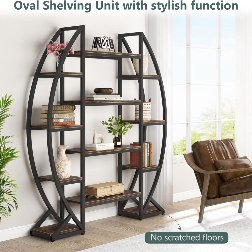 Triple Wide Oval Etagere Bookcase with Anti-Tip Device – Dark Brown