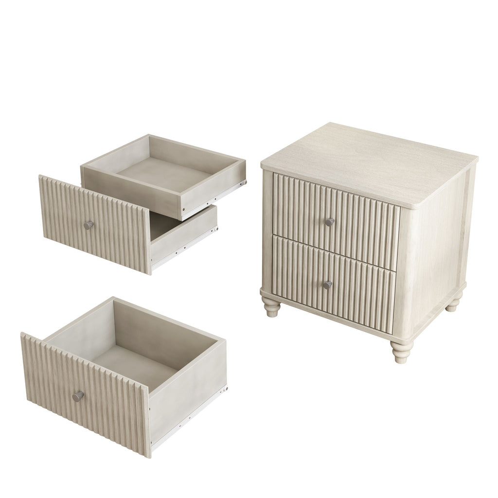 Fluted Nightstand with 3 Drawers - Set of 2 - Dark Brown or Beige