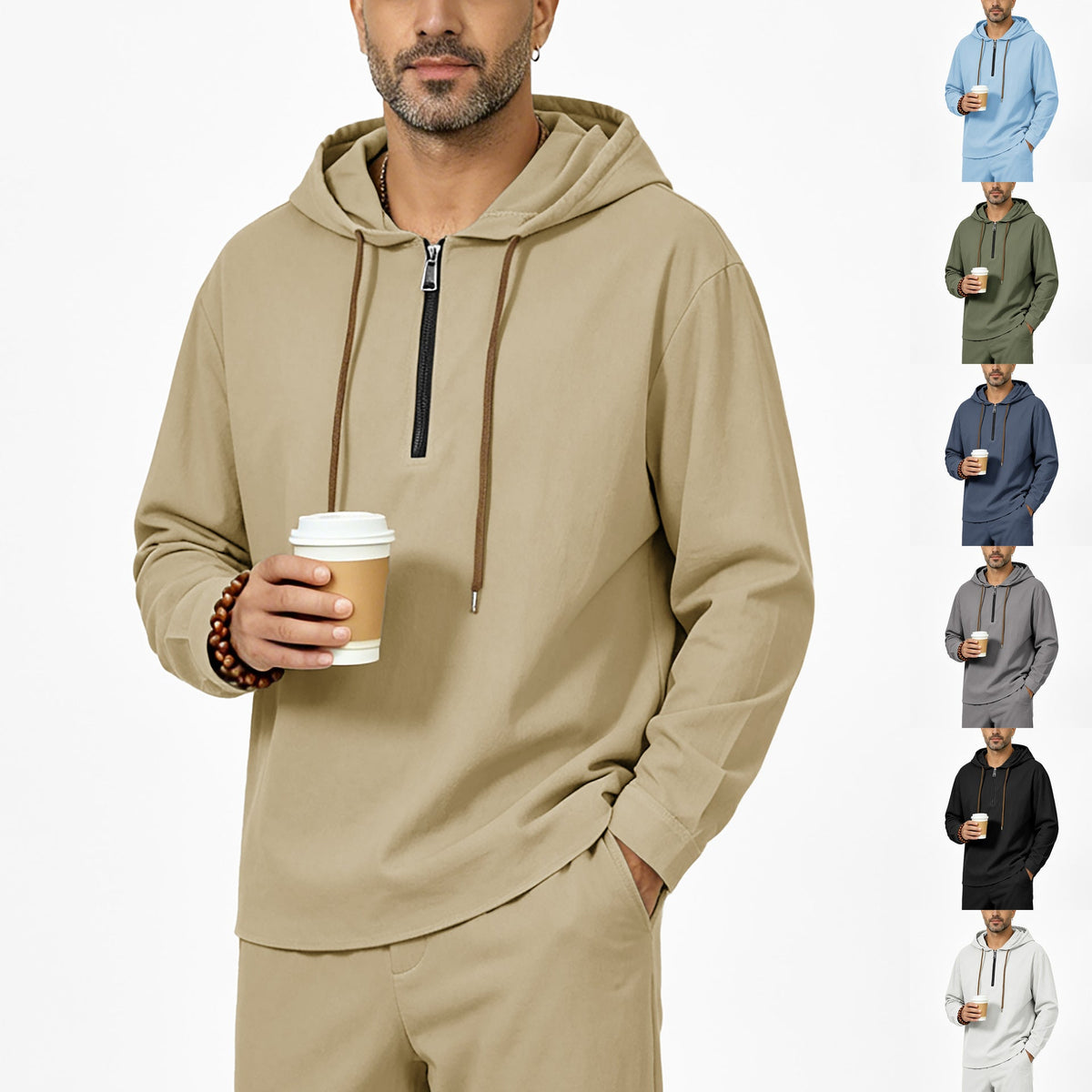 Mens Linen Hooded Half-Zip Sweatshirt