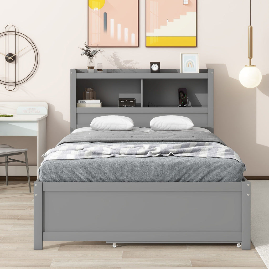 Full Size Platform Trundle Bed with Drawers and USB Ports - Gray
