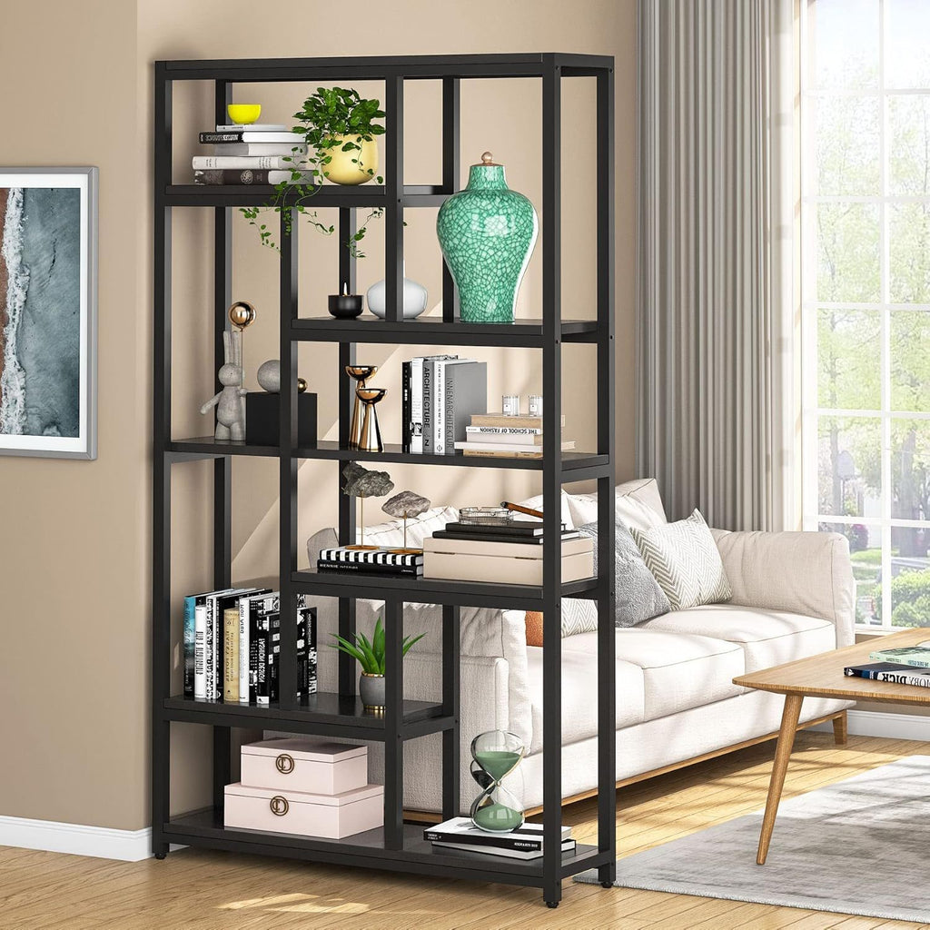 Extra Tall 7 Tier Industrial Etagere Bookcase with 10 Shelves Organizer - Dark Brown or Black