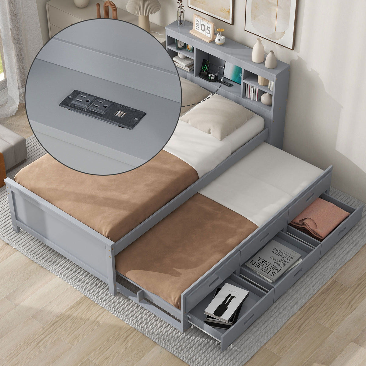 Platform Bed with Storage Headboard, USB, Trundle & 3 Drawers - Twin or Full