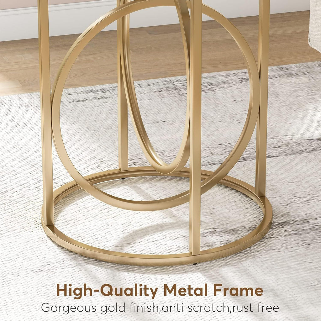 Round End Table with Faux Marble Top - White and Gold