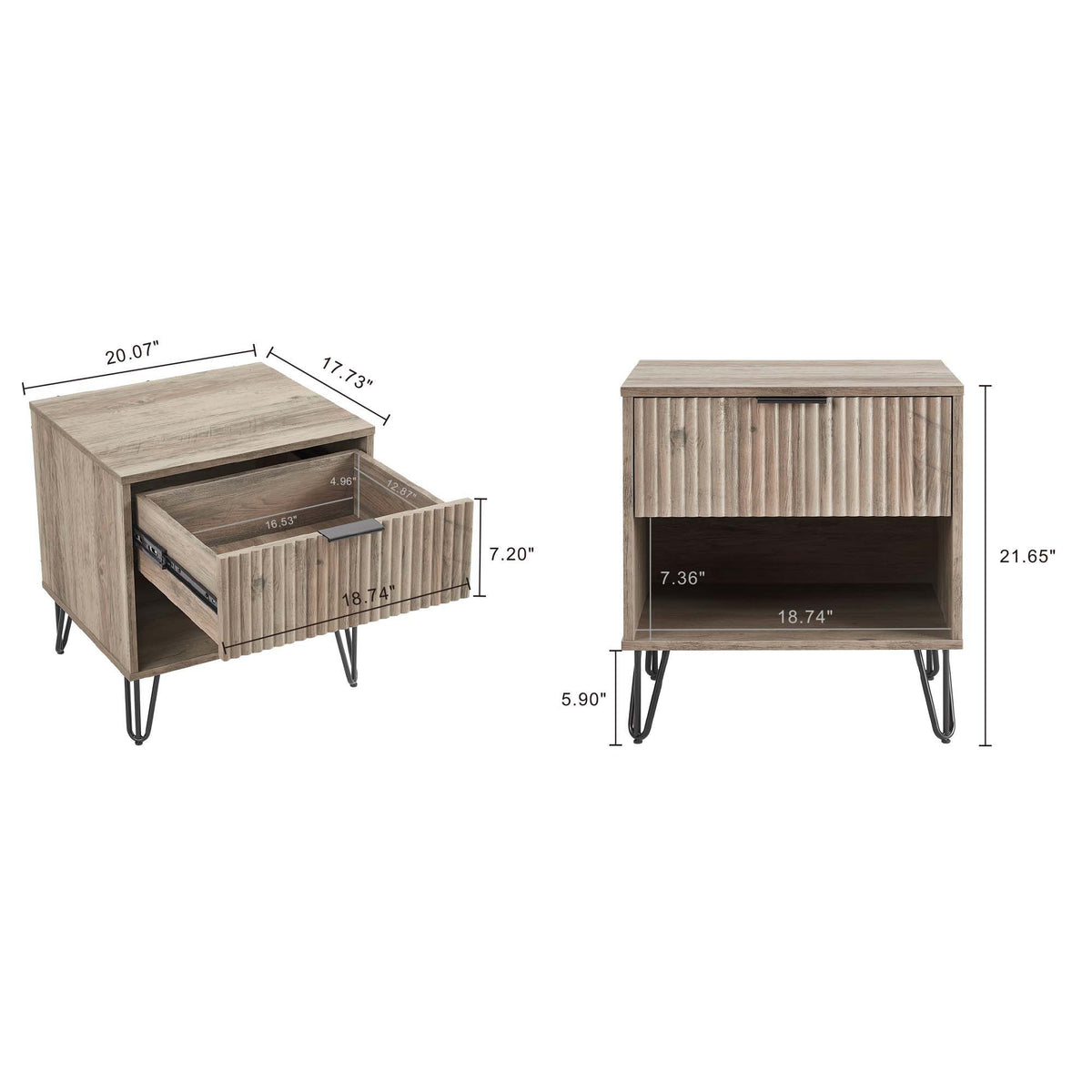 Modern Nightstand with Fluted Drawer and Metal Handles - Multiple Colors