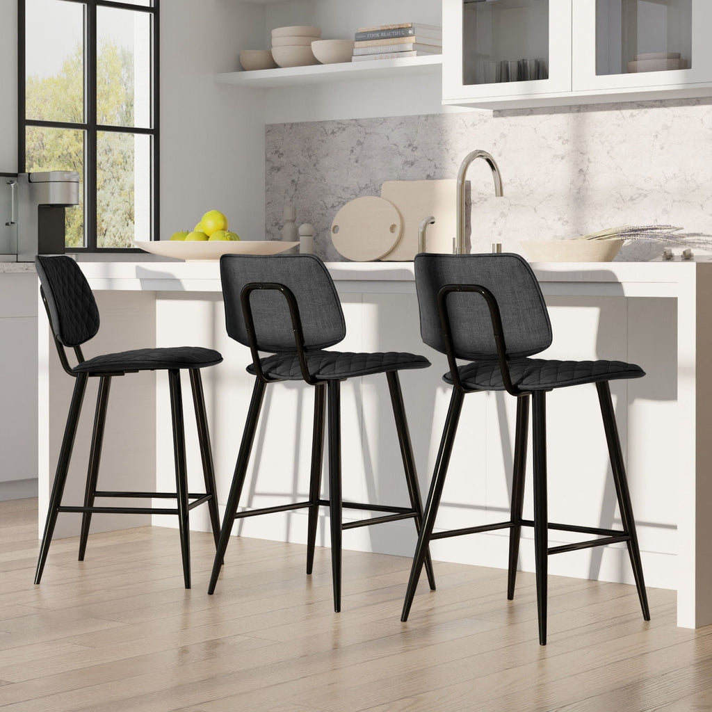 Upholstered Counter Height Stool Set with Quilted Seat – Black or Dark Gray