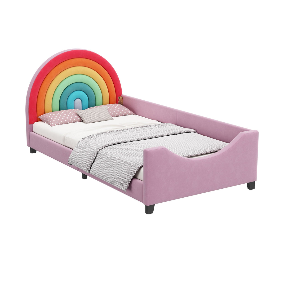 Rainbow Upholstered Twin Daybed with Safety Fence - Colorful / Pink