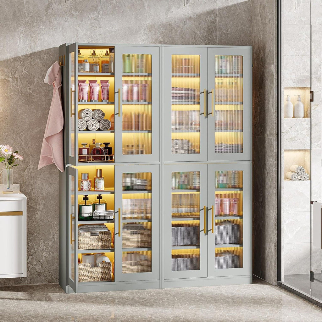 Bookcase With Doors and LED Lighting with Adjustable Shelves - Black, Gray, White
