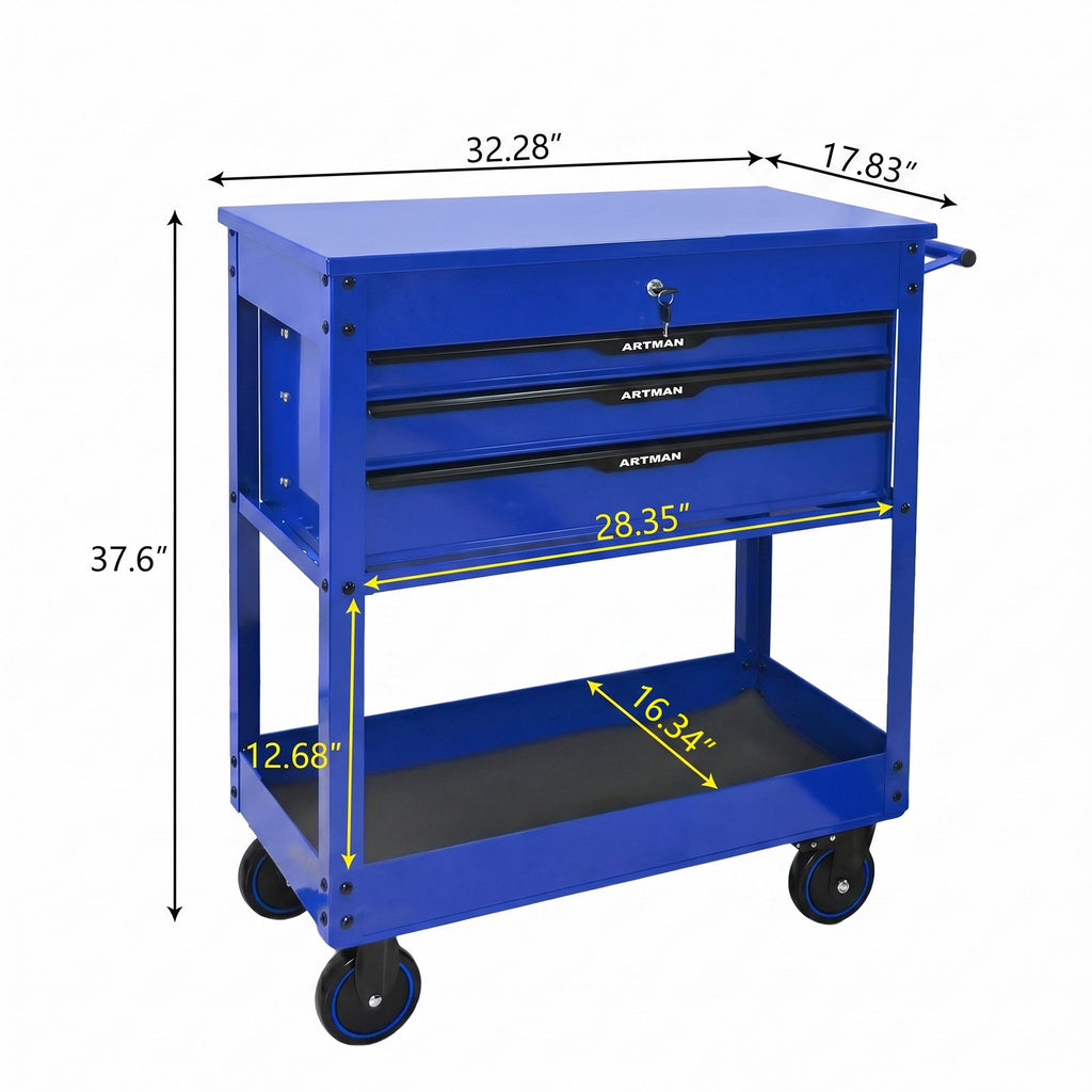 3 Drawers Multifunctional Tool Cart With Wheels - Blue & Black