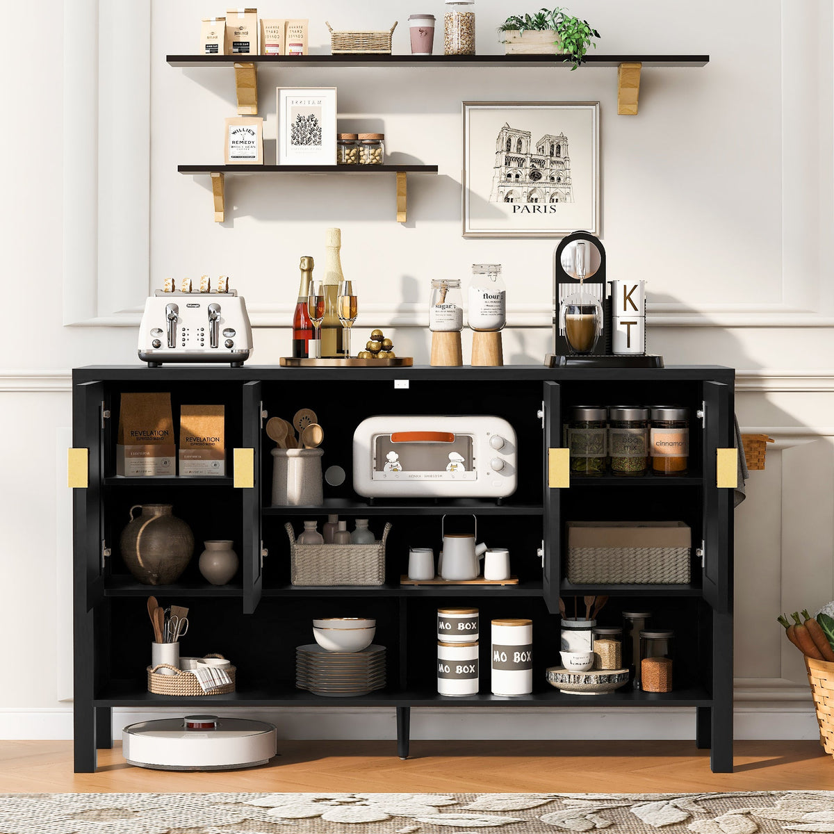 55.1" Storage Sideboard with 4 Doors - MDF, Black or Navy Blue