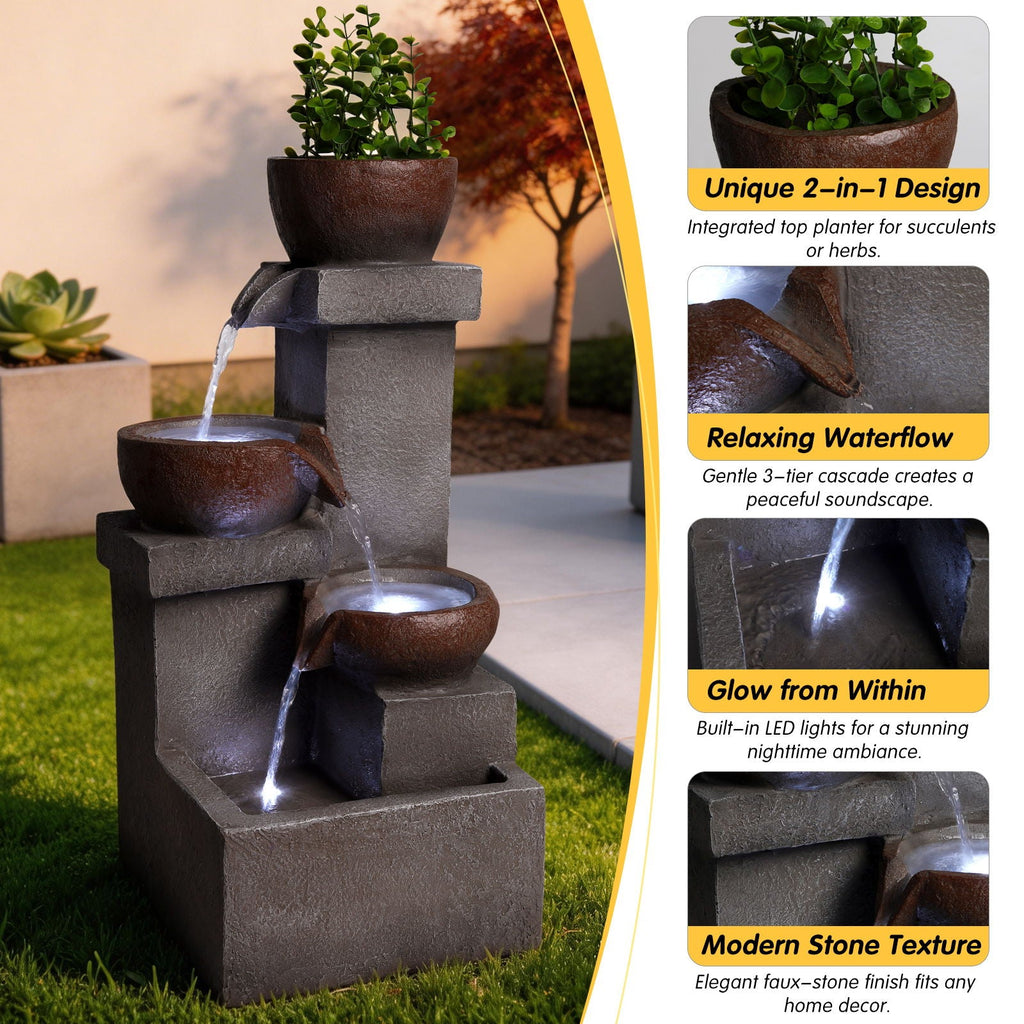 LED Waterfall Fountain Outdoor with LED Lighting - Gray