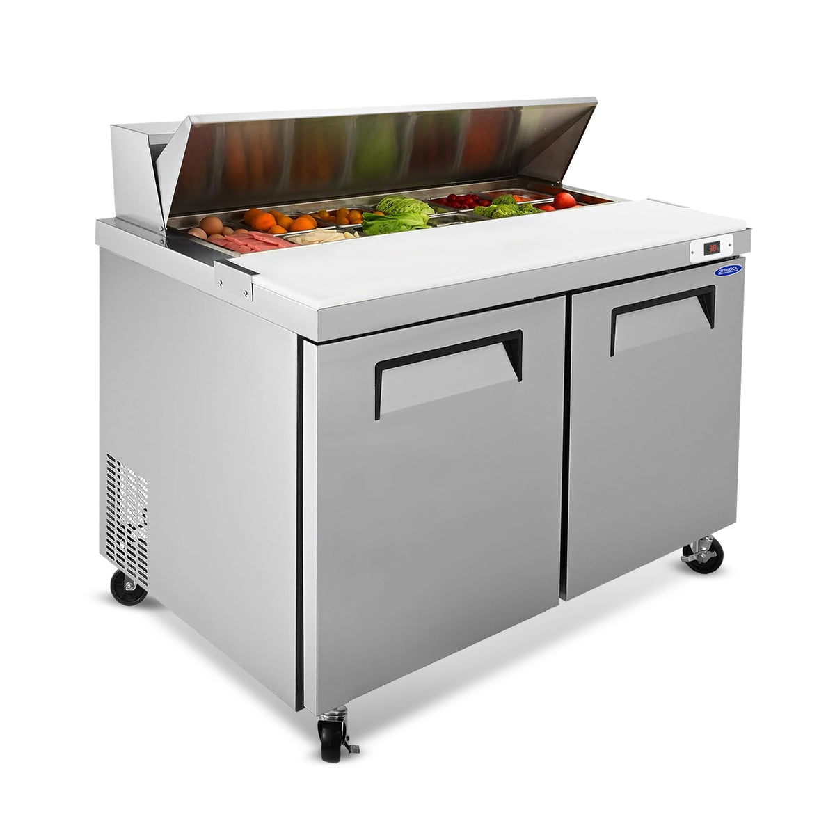 48 Inch Sandwich & Salad Prep Table with Butcher Block Cutting Board - Stainless Steel