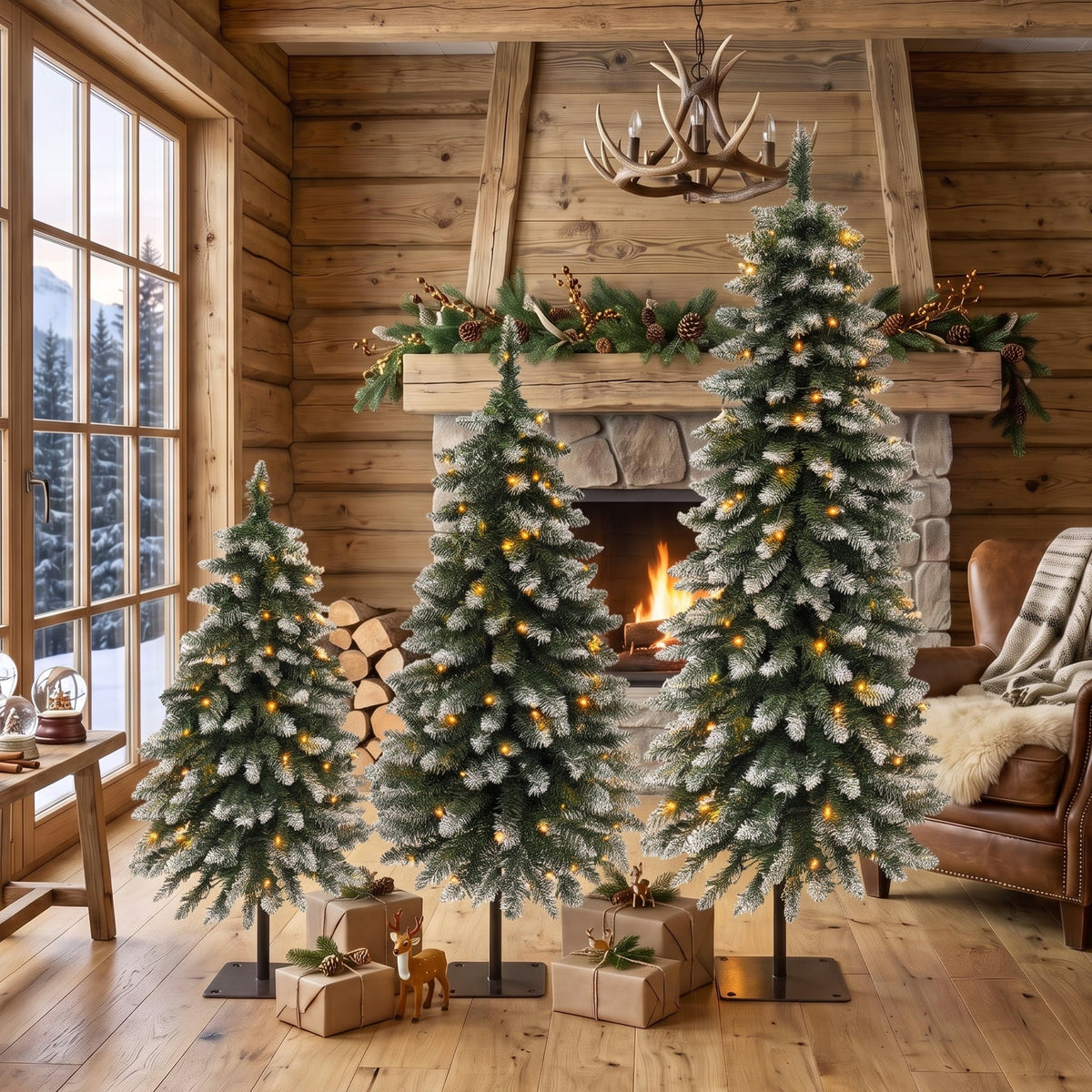 Pre-Lit Snow Flocked Pencil Christmas Tree Set - White (3-Pack)