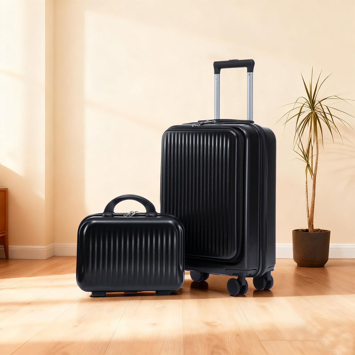 ABS Spinner Wheel Luggage Set with Cosmetic Case - Black