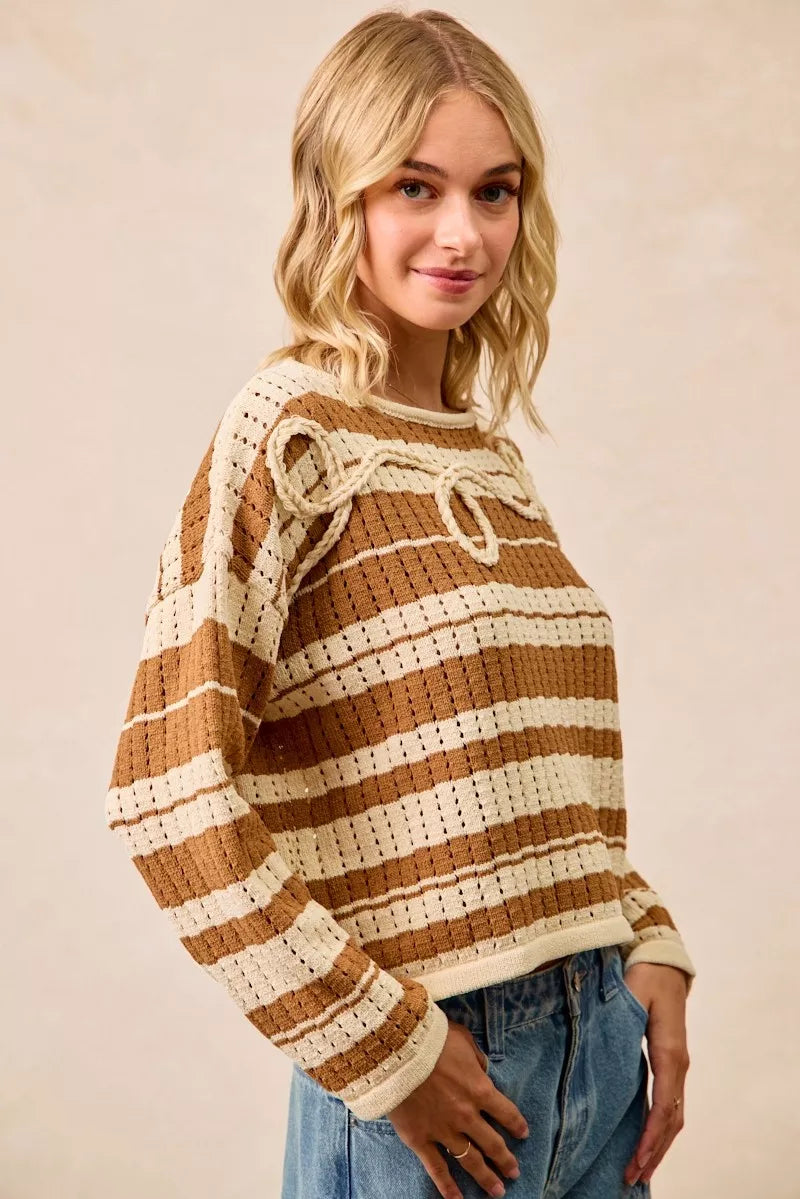 BiBi Striped Open Knit Sweater Top with Front Braided Detail