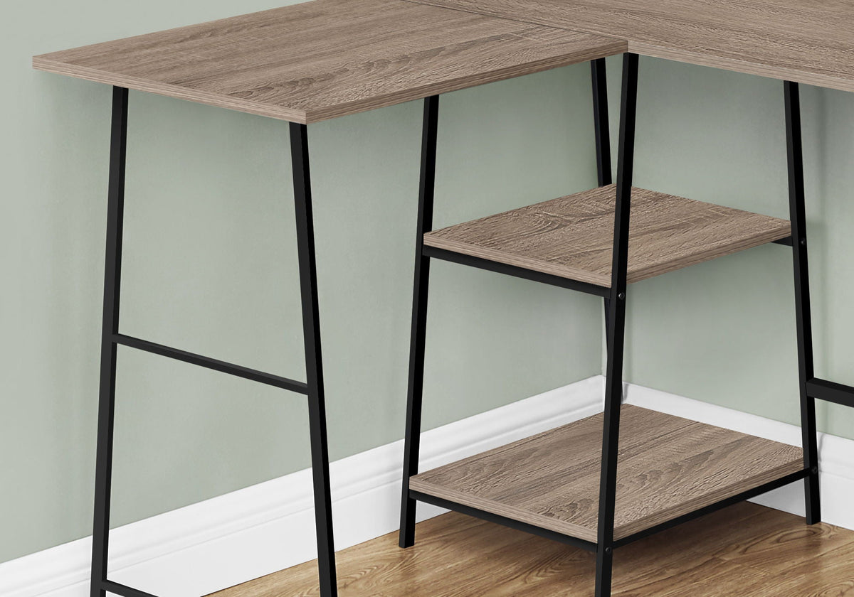 L-Shape Corner Computer Desk with Storage Shelves - Modern Wood & Metal - Light Brown, Gray, Dark Brown