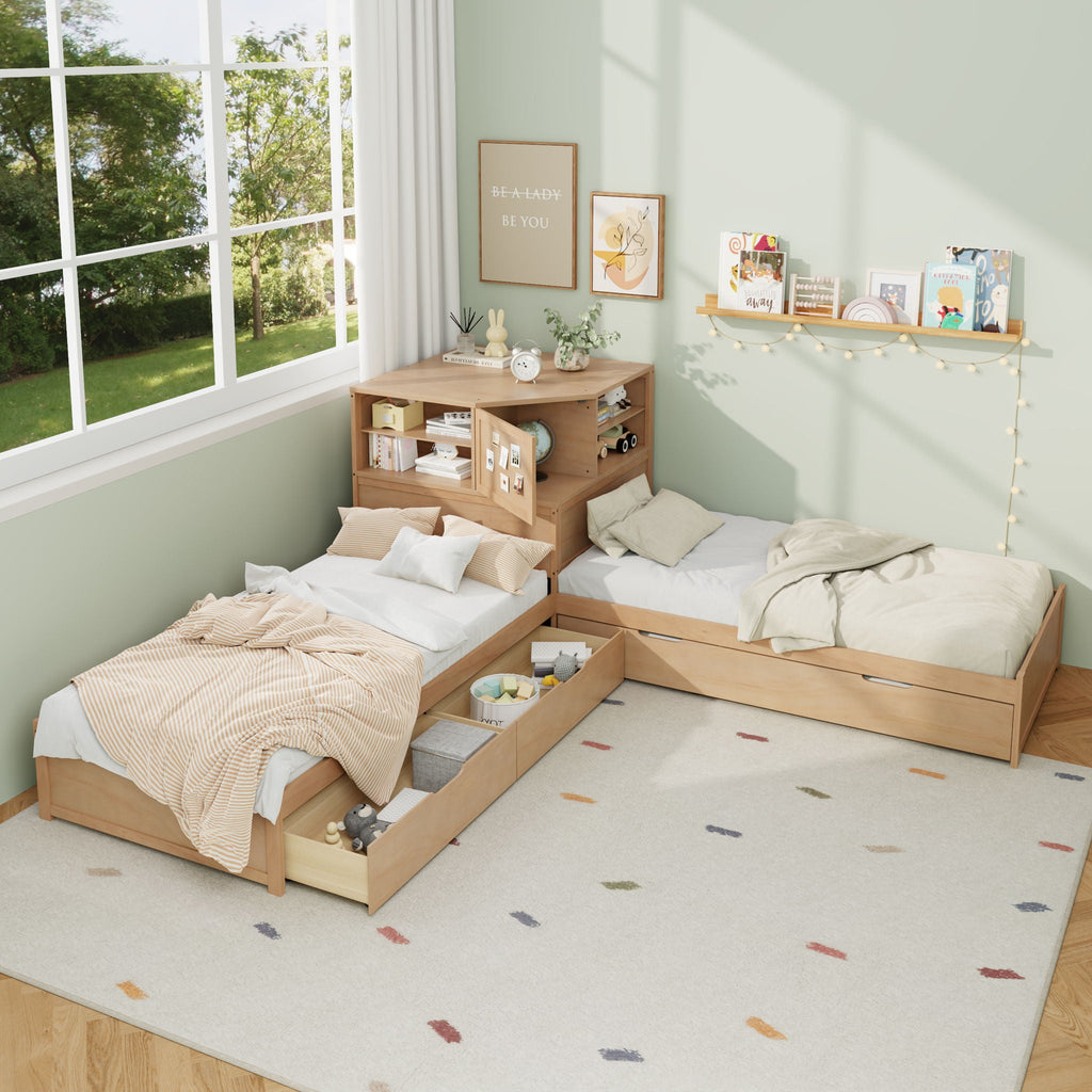 L-Shaped Bed Frame with Trundle, Desk & LED Lighting - Twin