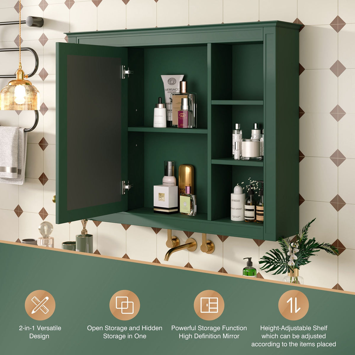 Wall Mounted Medicine Cabinet With Mirror, Storage Cabinet Featuring 6 Open Shelves And Adjustable Interior