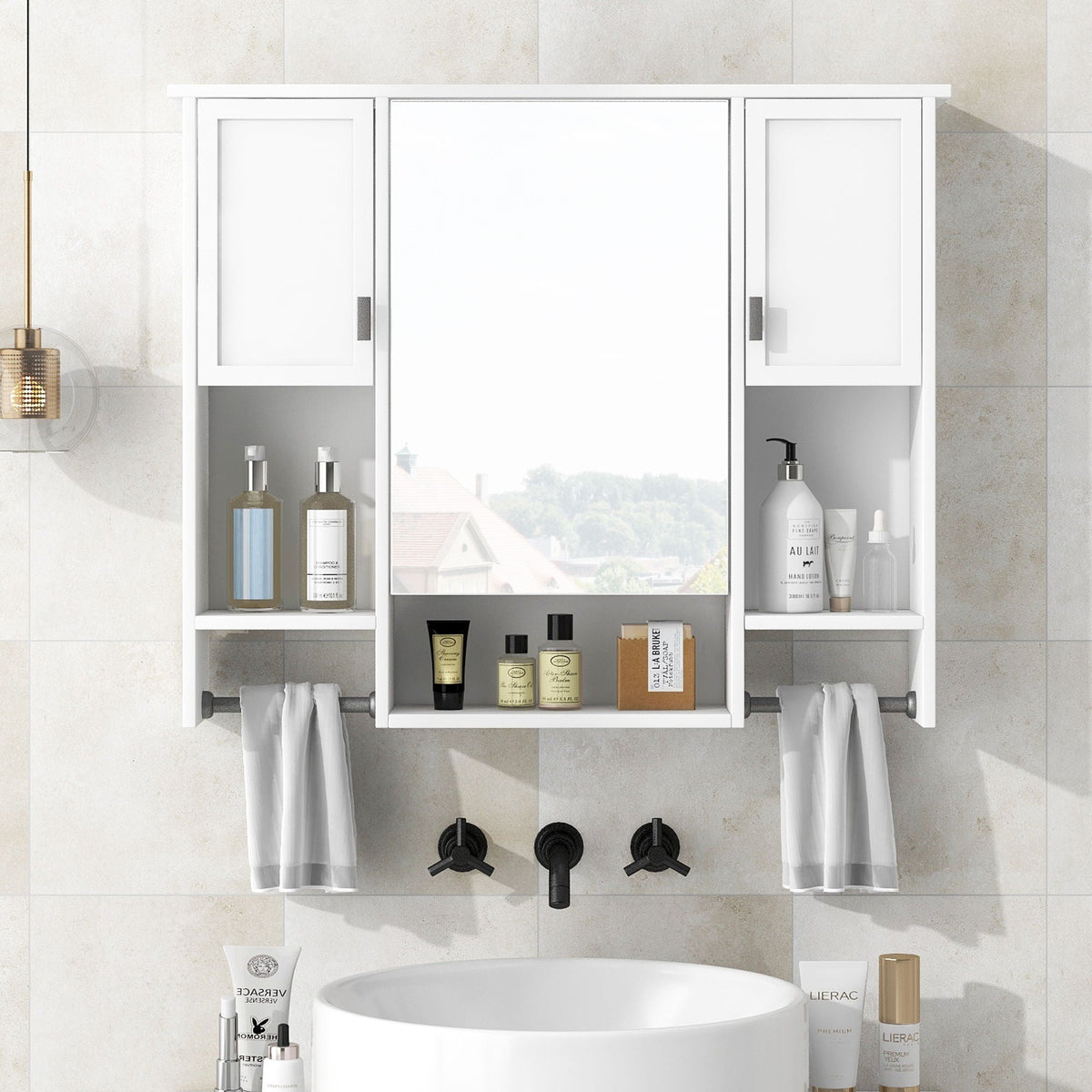 Wall Mounted Bathroom Storage Cabinet with Mirror and Towel Bar - Black, Dark Gray, or White