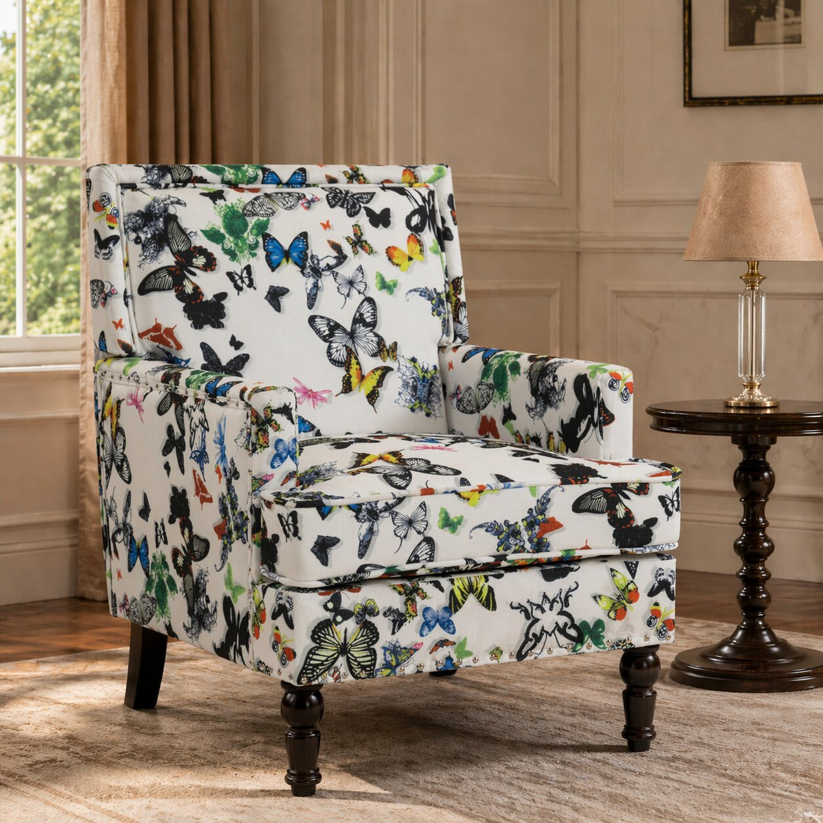 Upholstered Accent Chair with Solid Wood Legs - Vintage Armchair - Blue and White