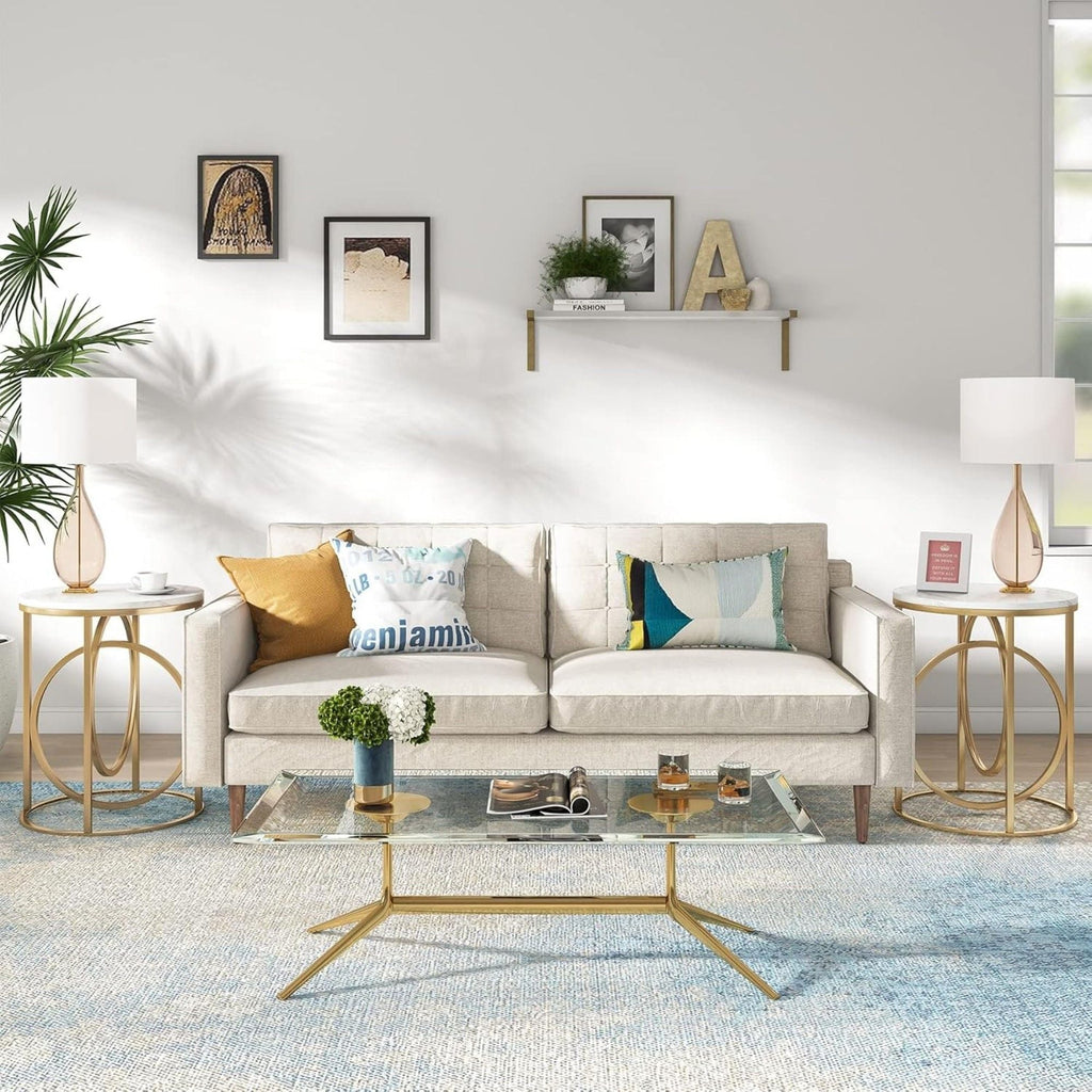 Round End Table with Faux Marble Top - White and Gold