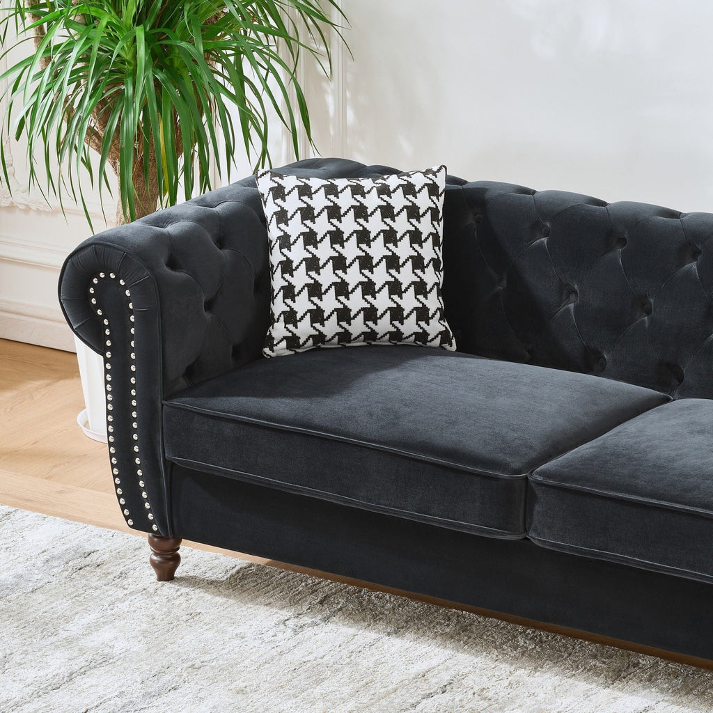Chesterfield 3 And 2 Seater Upholstery Sofa with Roll Armrest & Nailhead Fabric Couch - Black