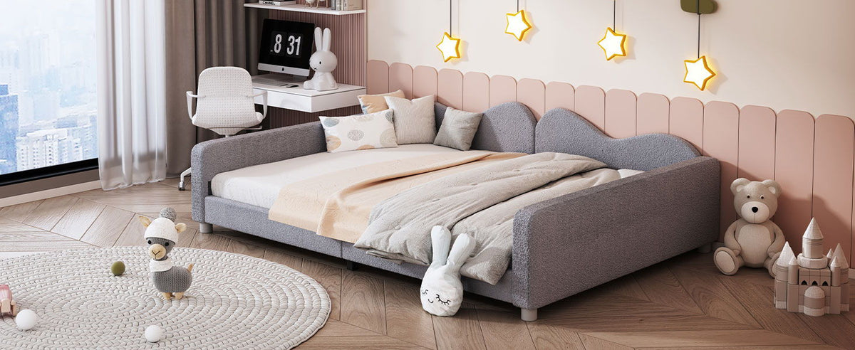 Upholstered Daybed with Cloud-Shaped Backrest - Full Size, Sherpa Fabric